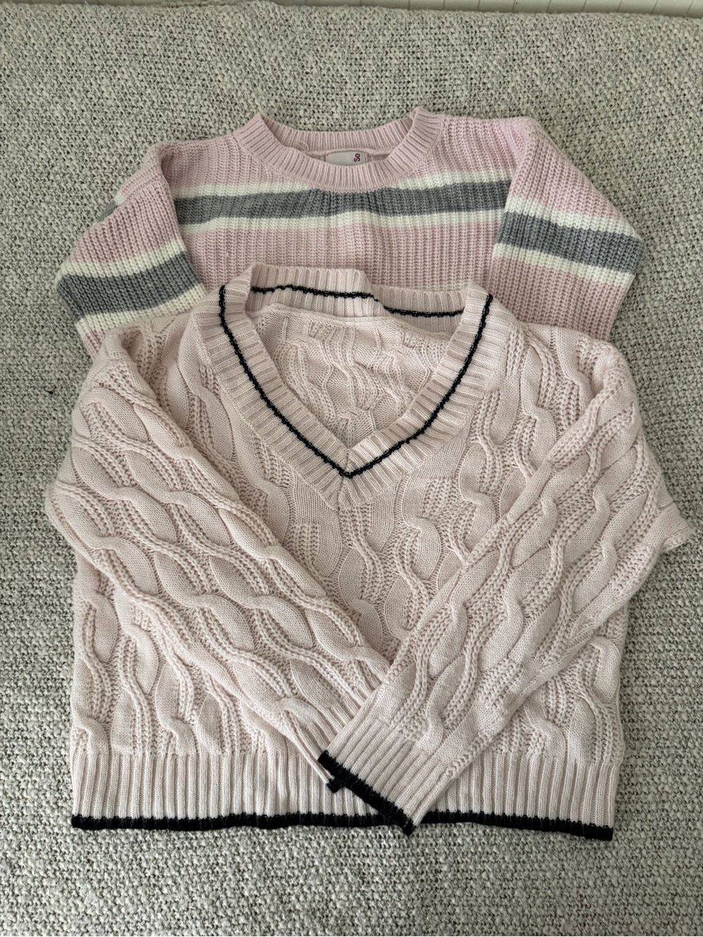 2 Pc Women’s Sweater Bundle Pink Cable Knit Striped Cozy Fall Winter